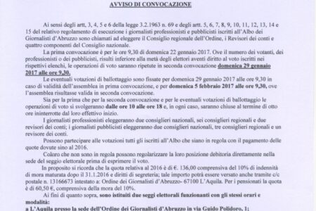 AVVISO DI CONVOCAZIONE ELEZIONI PER RINNOVO CONSIGLIO REGIONALE E CONSIGLIO NAZIONALE