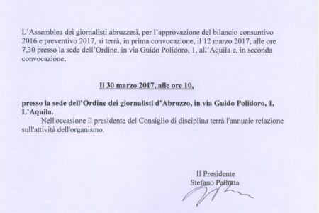 ODG: ASSEMBLEA PER APPROVAZIONE BILANCIO IL 30 MARZO