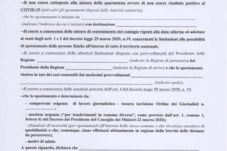 CORONAVIRUS:ANCORA UN NUOVO MODELLO DI AUTOCERTIFICAZIONE PER GIORNALISTI
