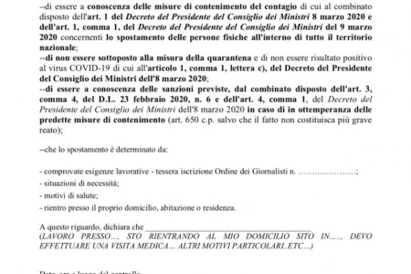 CORONAVIRUS: IL NUOVO MODELLO DI AUTOCERTIFICAZIONE PER GIORNALISTI
