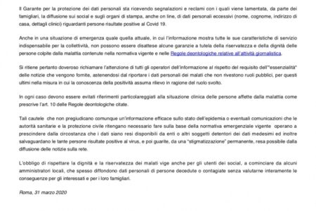 GARANTE PRIVACY:SU SOCIAL E MEDIA TROPPI DETTAGLI SU MALATI CORONAVIRUS