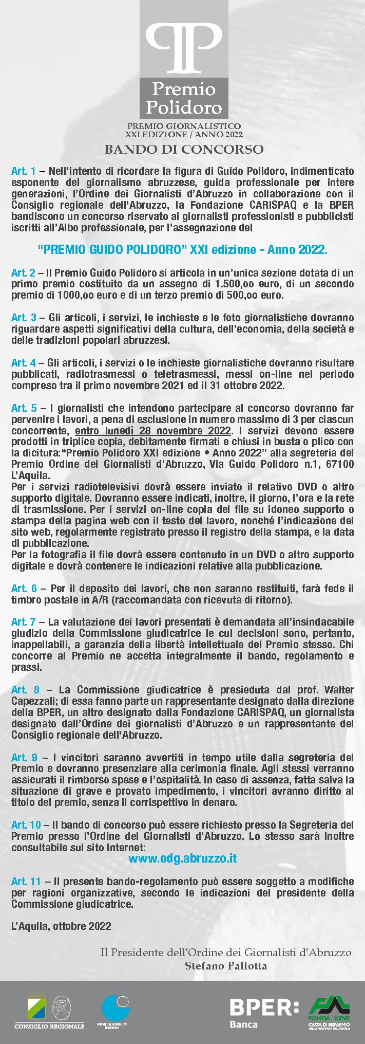 Premio Polidoro: pubblicato bando XXI edizione